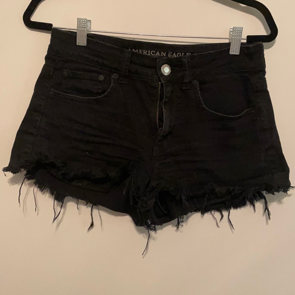 Black denim distressed shorts